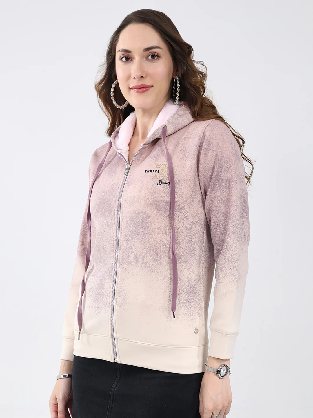 Women Cream Printed Hooded Full Sleeve Sweatshirt - Image 3