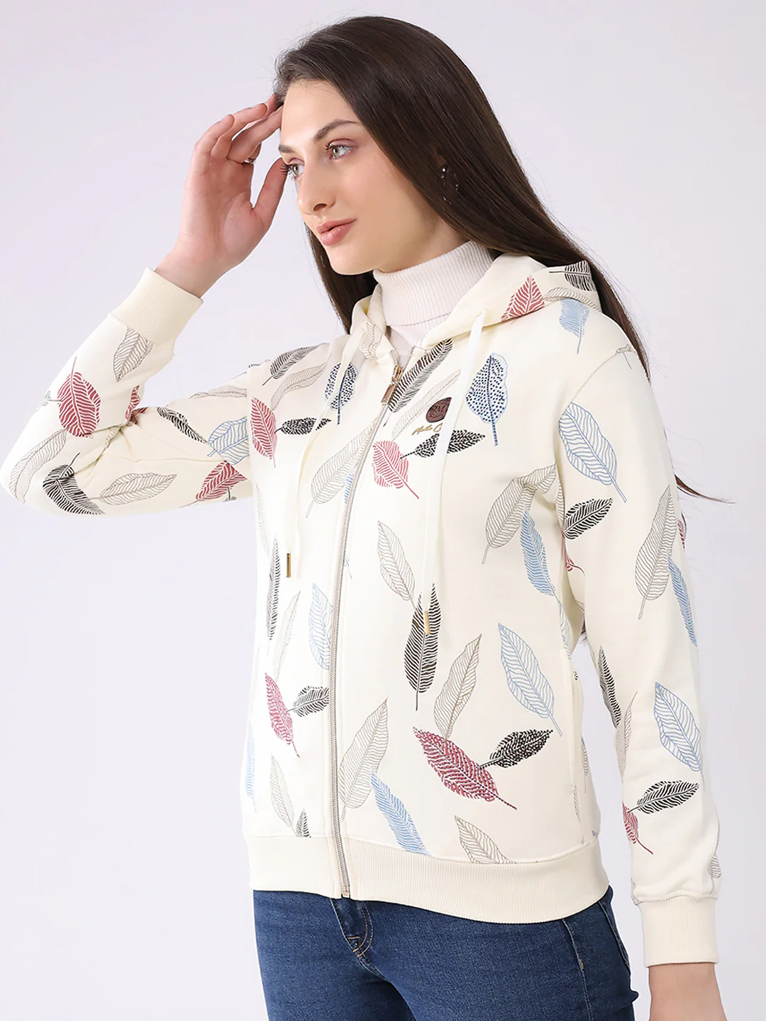 Women Cream Printed Hooded Full Sleeve Sweatshirt - Image 3