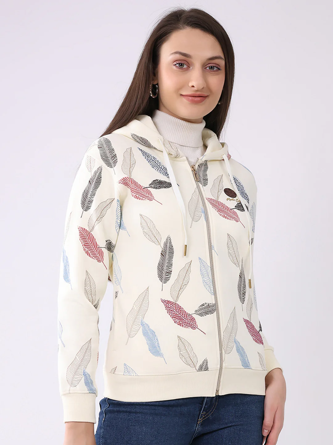 Women Cream Printed Hooded Full Sleeve Sweatshirt - Image 4