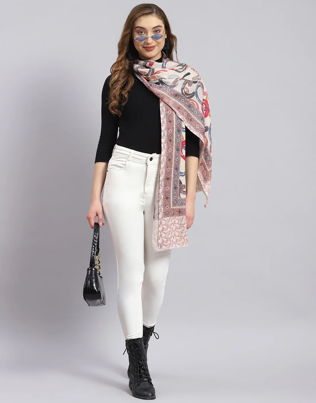 Women Cream Printed Stole - Image 2