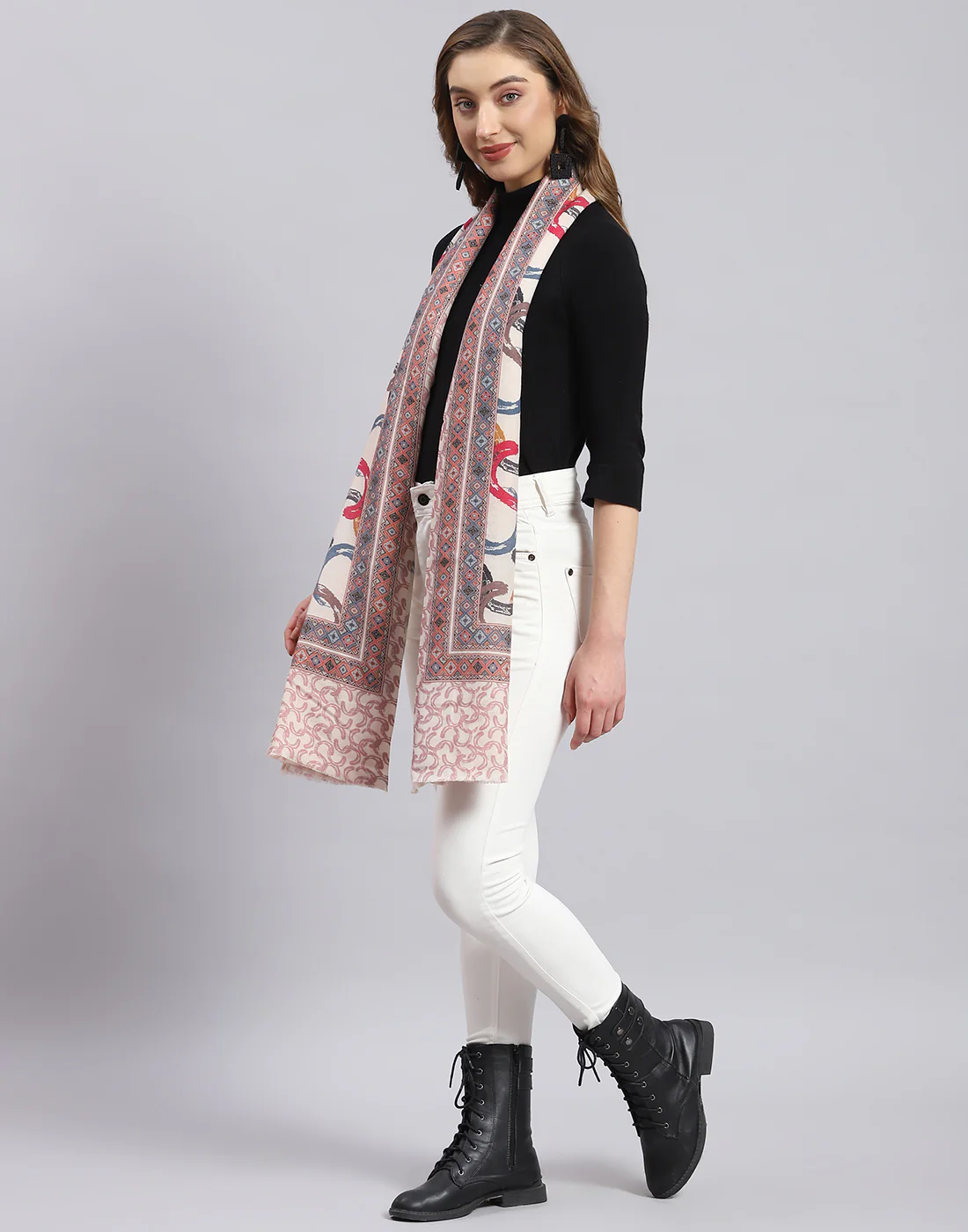 Women Cream Printed Stole - Image 4