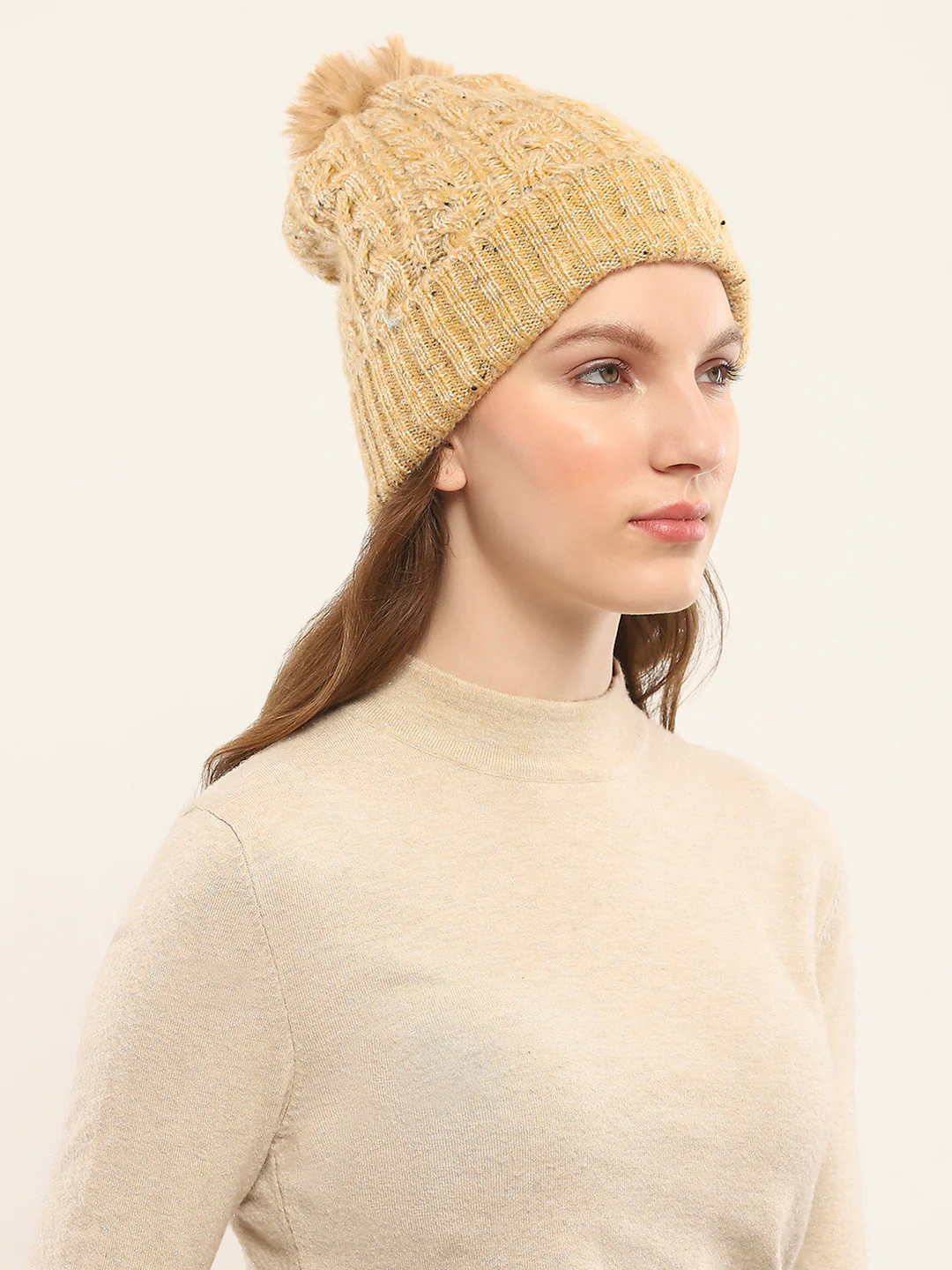 Women Cream Self Design Cap - Image 4