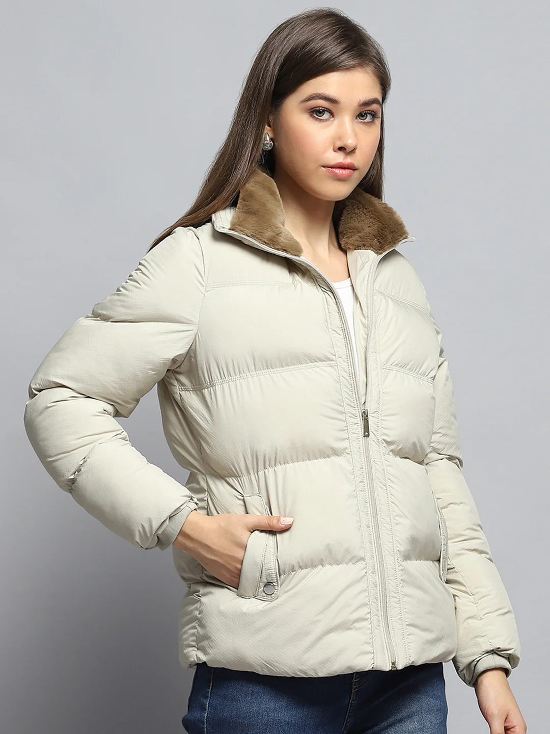 Women Cream Self Design Collar Full Sleeve Jacket - Image 4