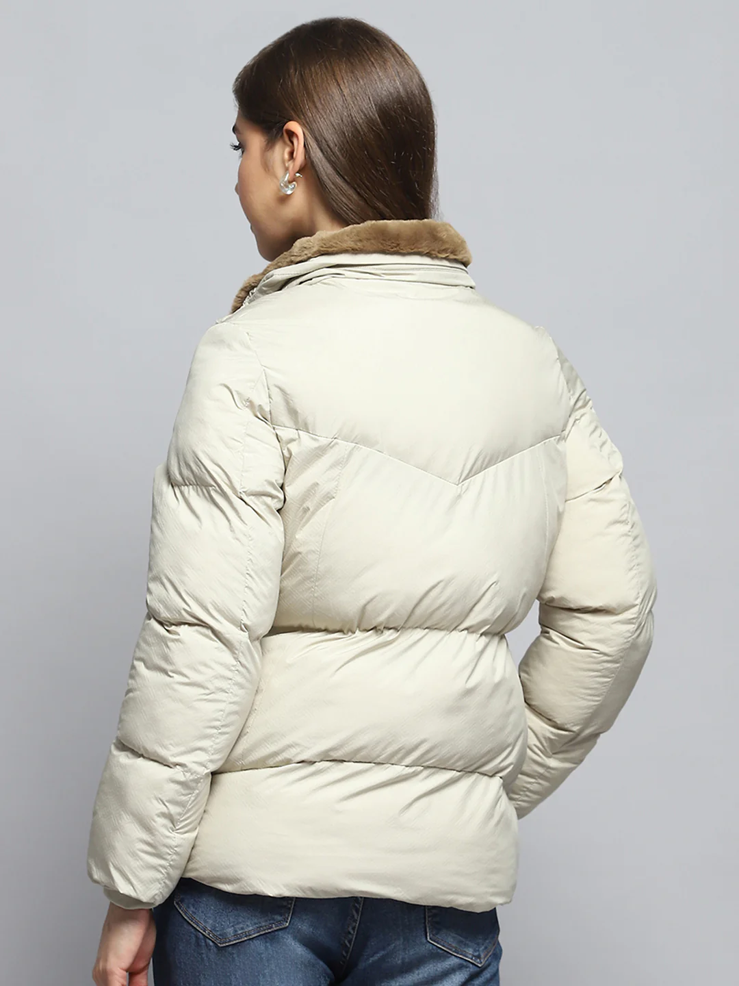 Women Cream Self Design Collar Full Sleeve Jacket - Image 5