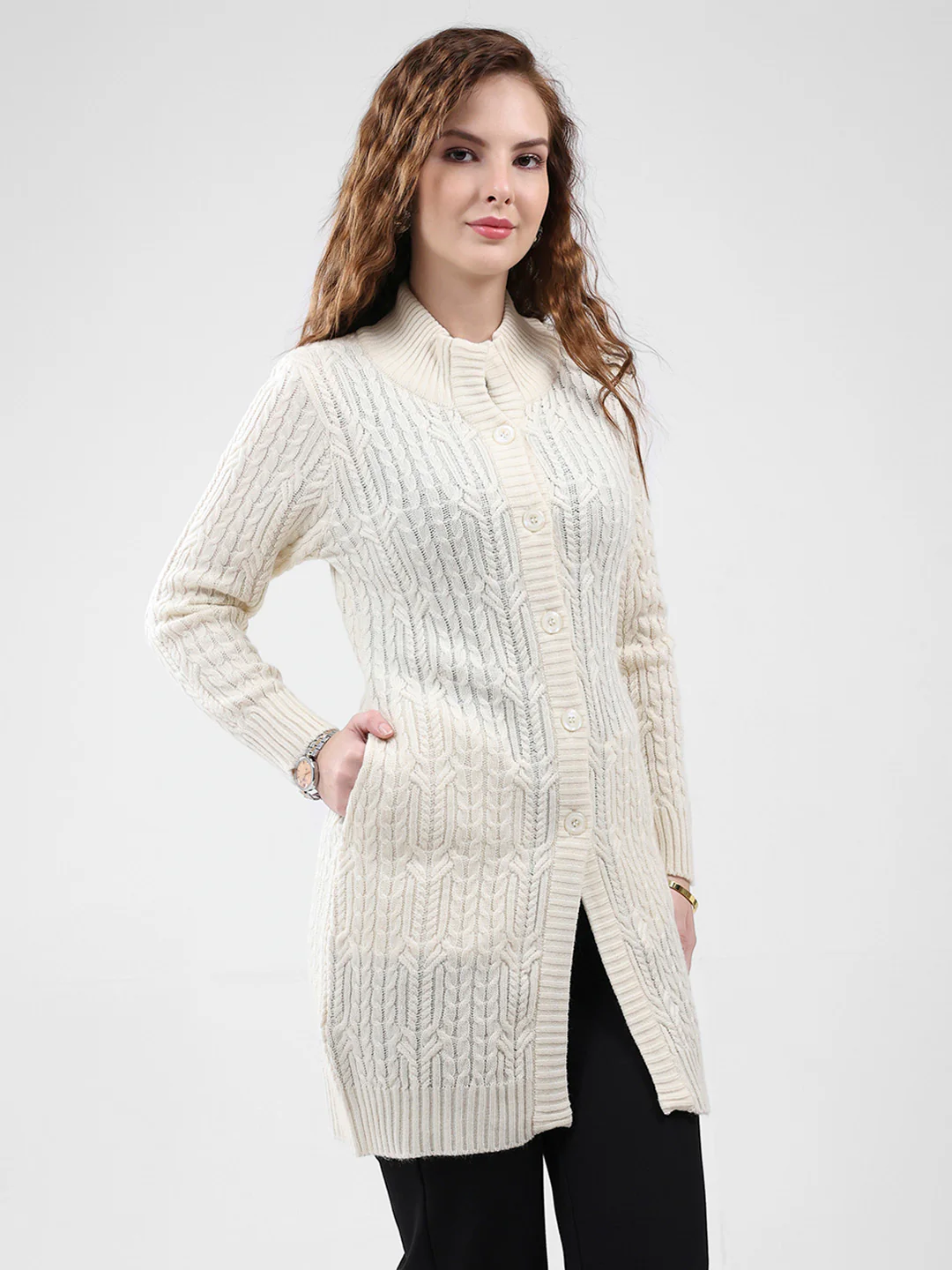 Women Cream Self Design Mock Neck Full Sleeve Cardigan - Image 4
