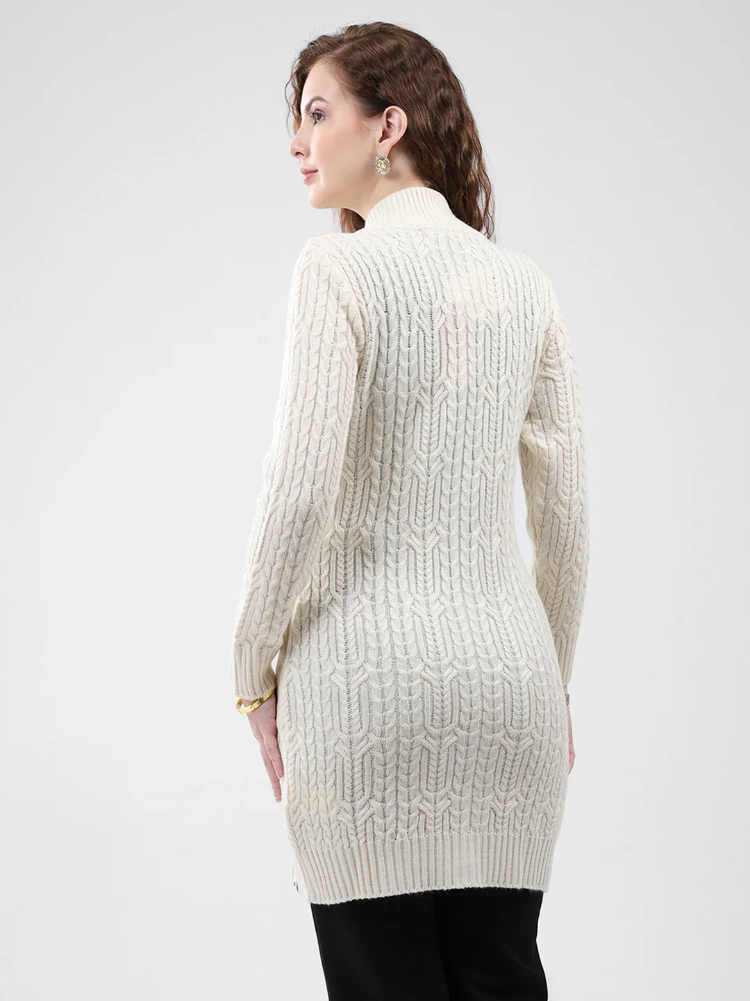 Women Cream Self Design Mock Neck Full Sleeve Cardigan - Image 5