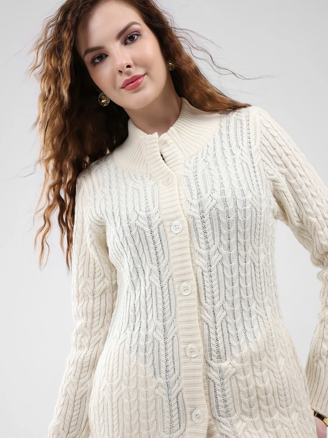 Women Cream Self Design Mock Neck Full Sleeve Cardigan - Image 6