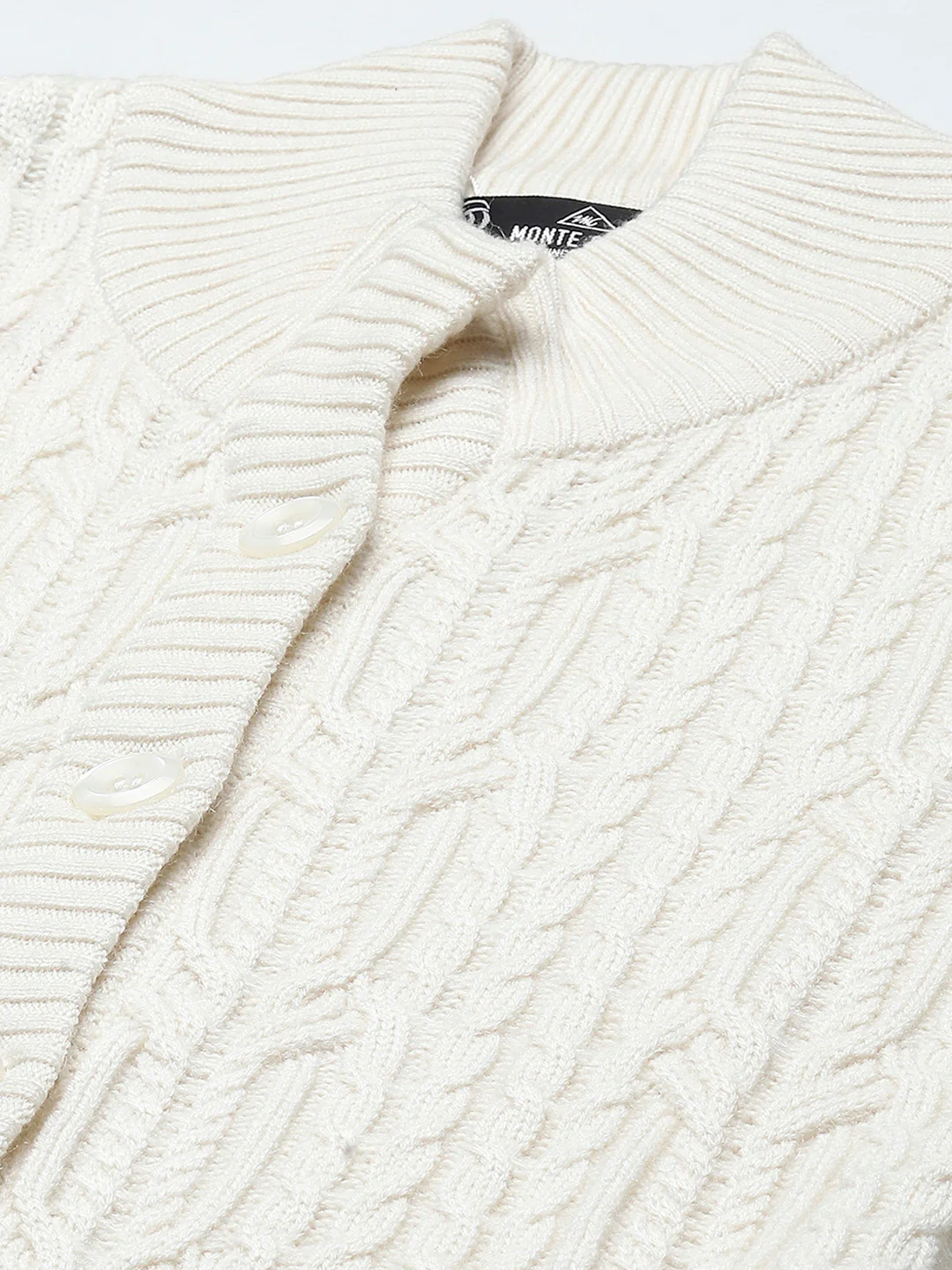 Women Cream Self Design Mock Neck Full Sleeve Cardigan - Image 7