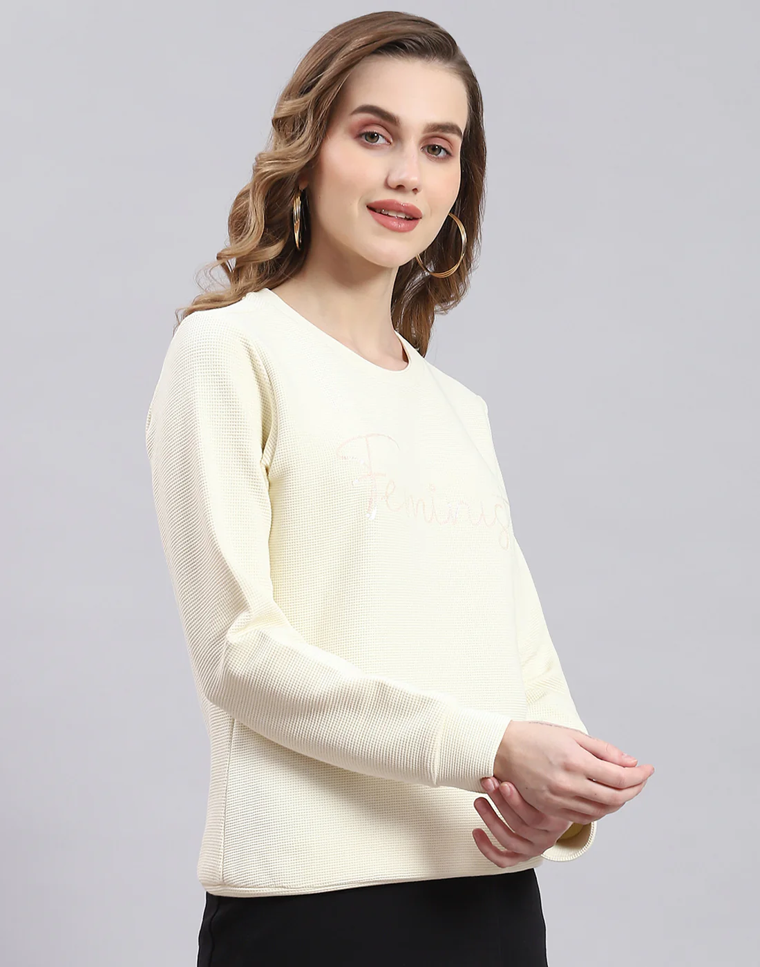 Women Cream Self Design Round Neck Full Sleeve Sweatshirt - Image 5