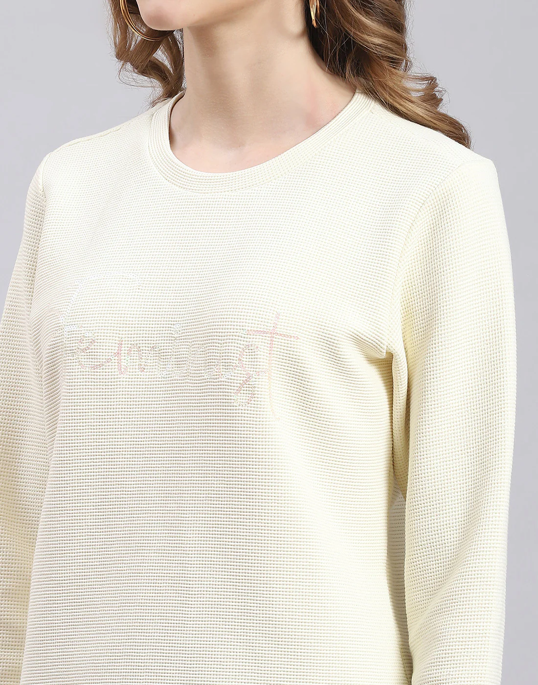 Women Cream Self Design Round Neck Full Sleeve Sweatshirt - Image 7