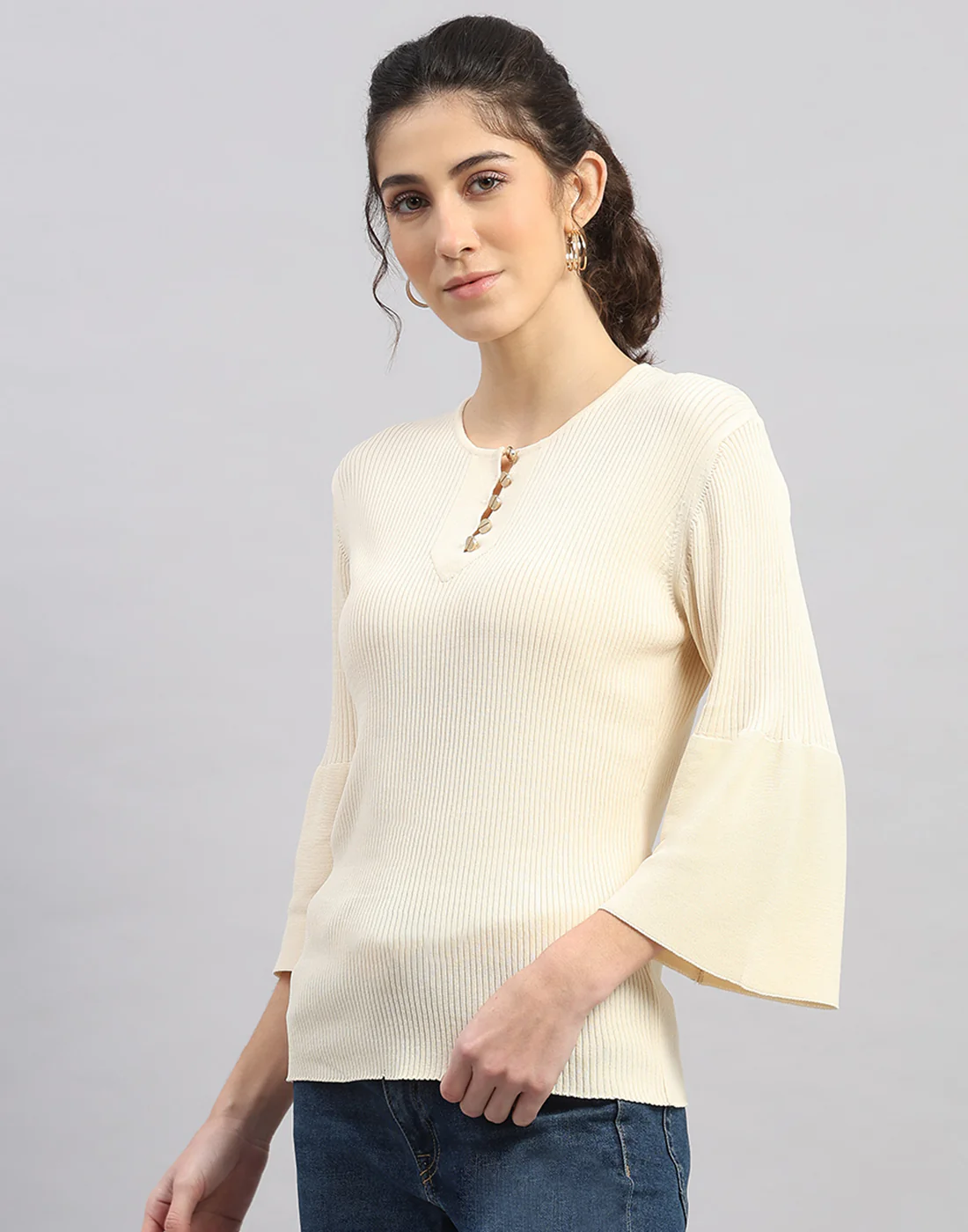 Women Cream Self Design Round Neck Full Sleeve Winter Top - Image 2