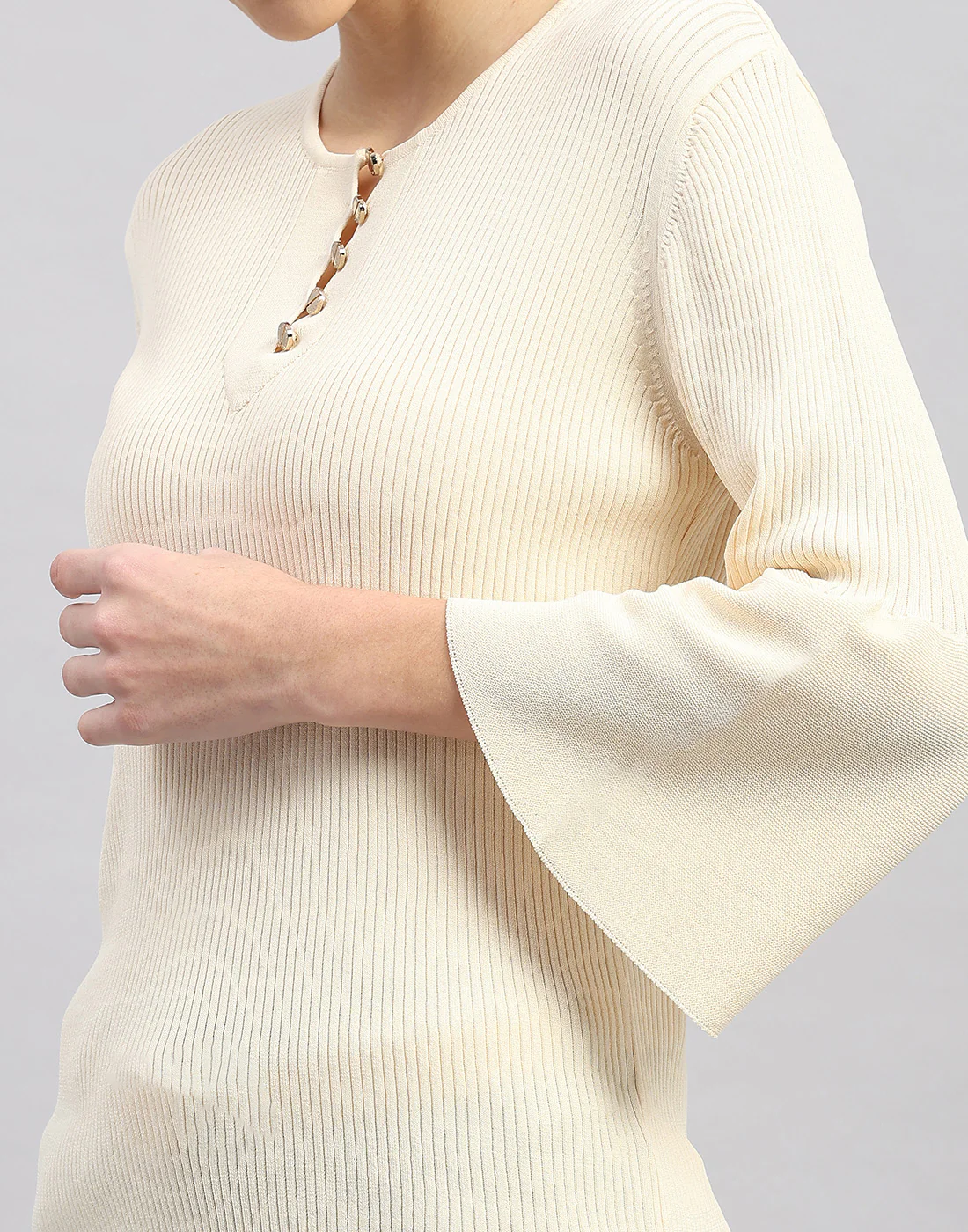 Women Cream Self Design Round Neck Full Sleeve Winter Top - Image 7