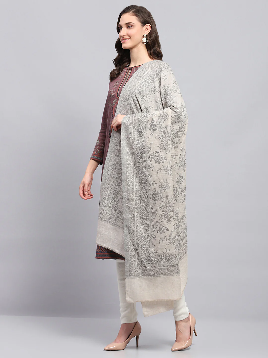 Women Cream Self Design Shawl - Image 3