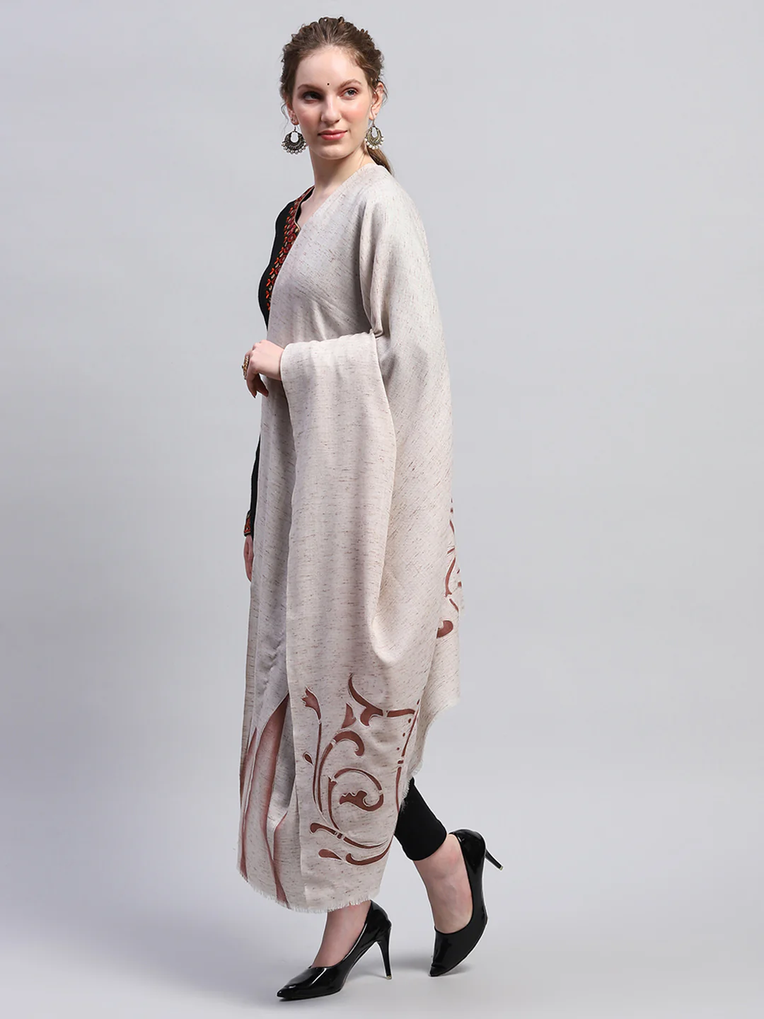 Women Cream Self Design Shawl - Image 3