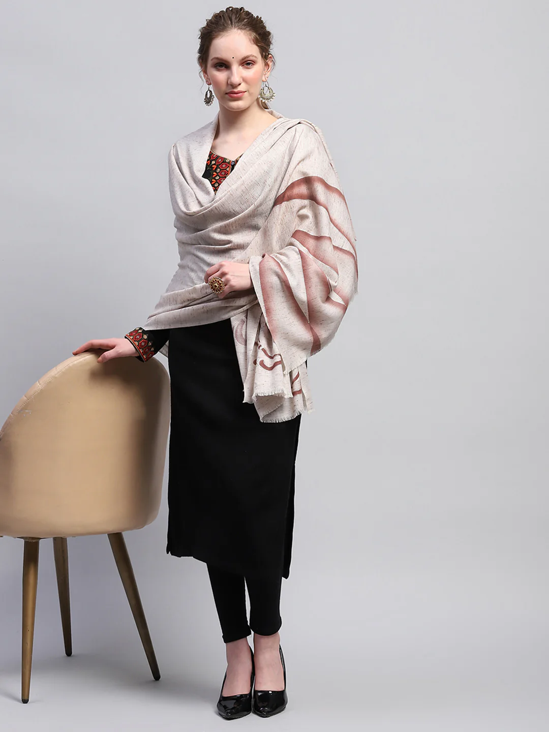 Women Cream Self Design Shawl - Image 5