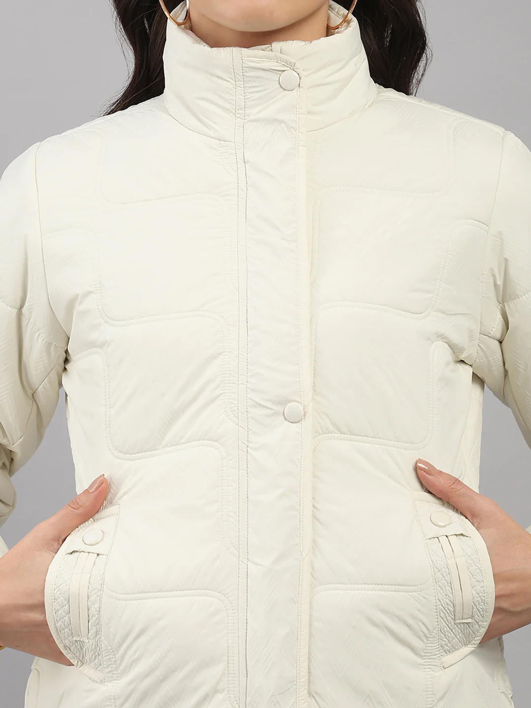 Women Cream Self Design Stand Collar Full Sleeve Jacket - Image 6