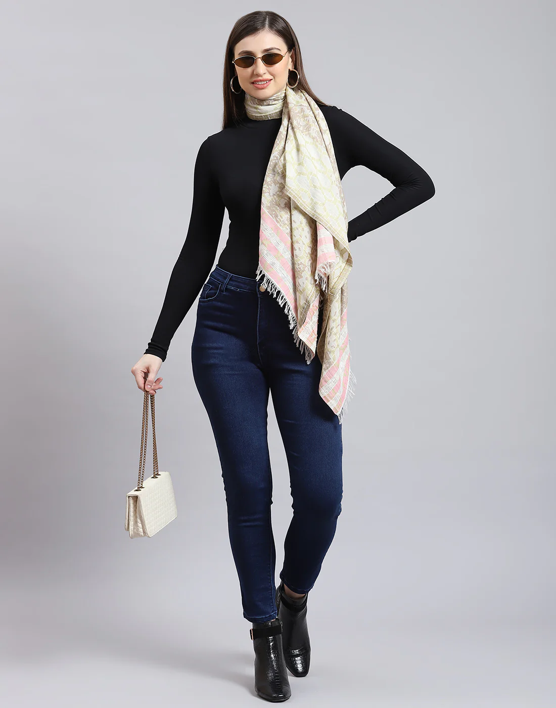 Women Cream Self Design Stole - Image 2