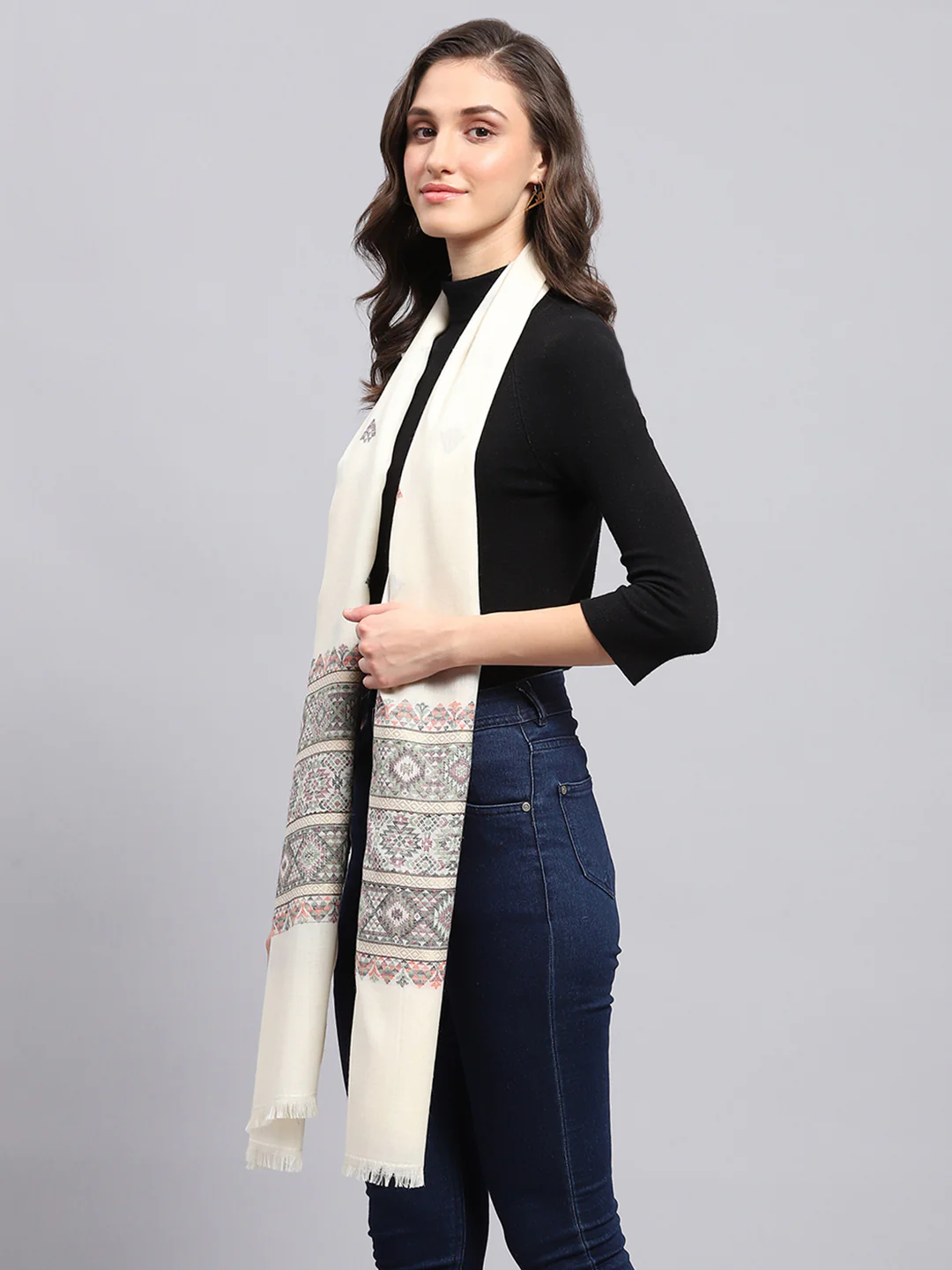 Women Cream Self Design Stole - Image 3