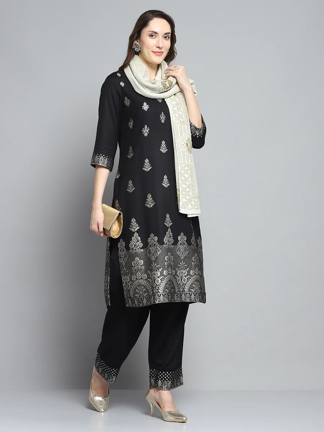 Women Cream Self Design Stole - Image 2