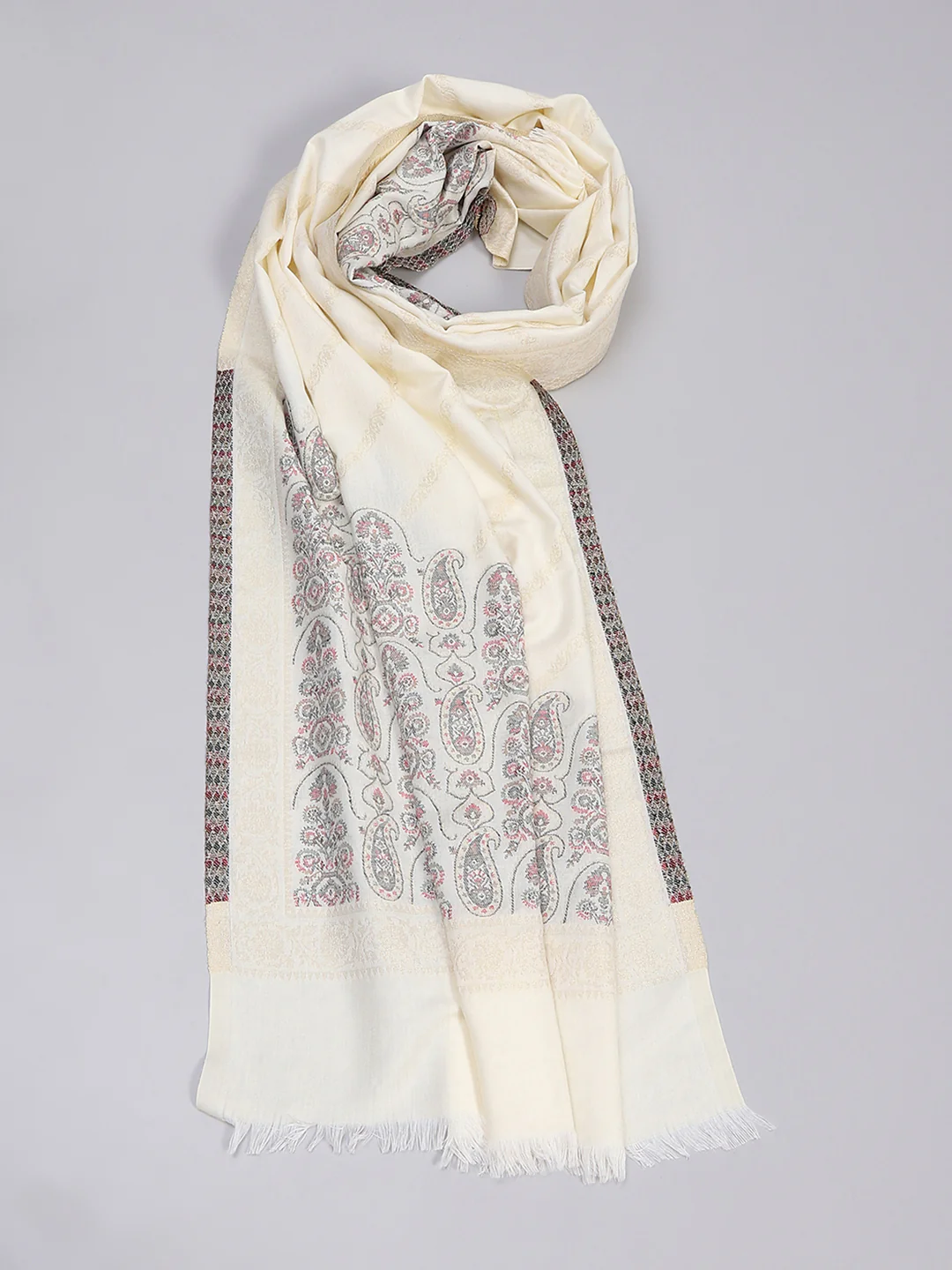 Women Cream Self Design Stole - Image 6