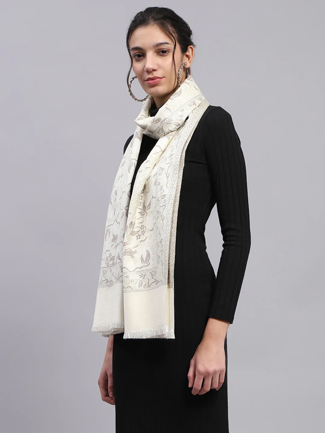 Women Cream Self Design Stole - Image 4