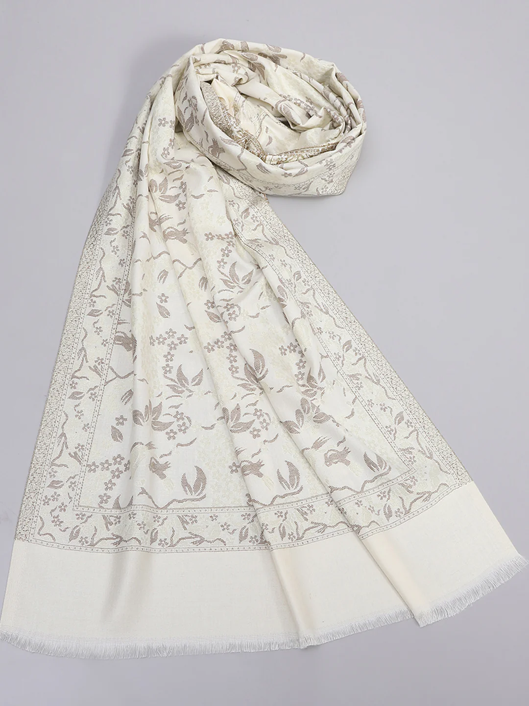 Women Cream Self Design Stole - Image 6