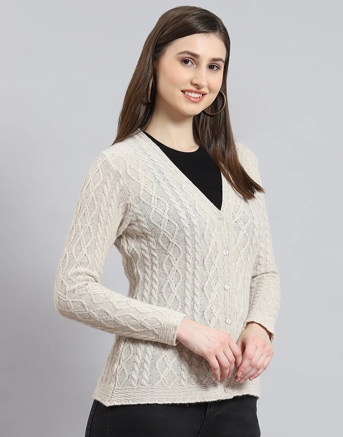 Women Cream Self Design V Neck Full Sleeve Cardigan - Image 6