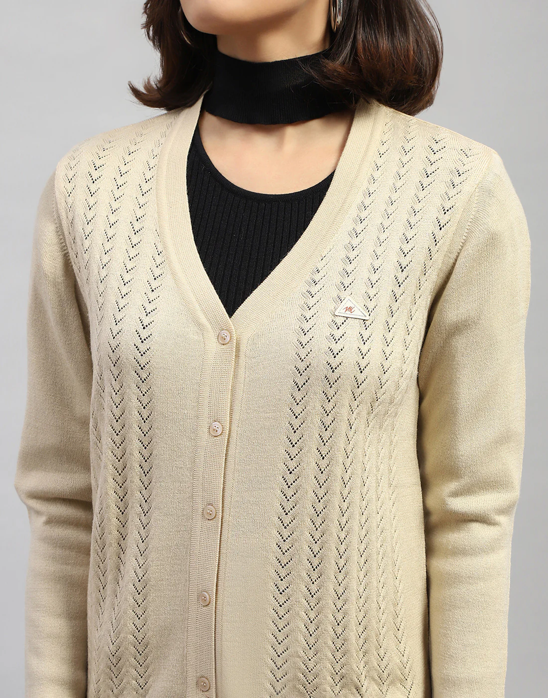 Women Cream Self Design V Neck Full Sleeve Cardigan - Image 7