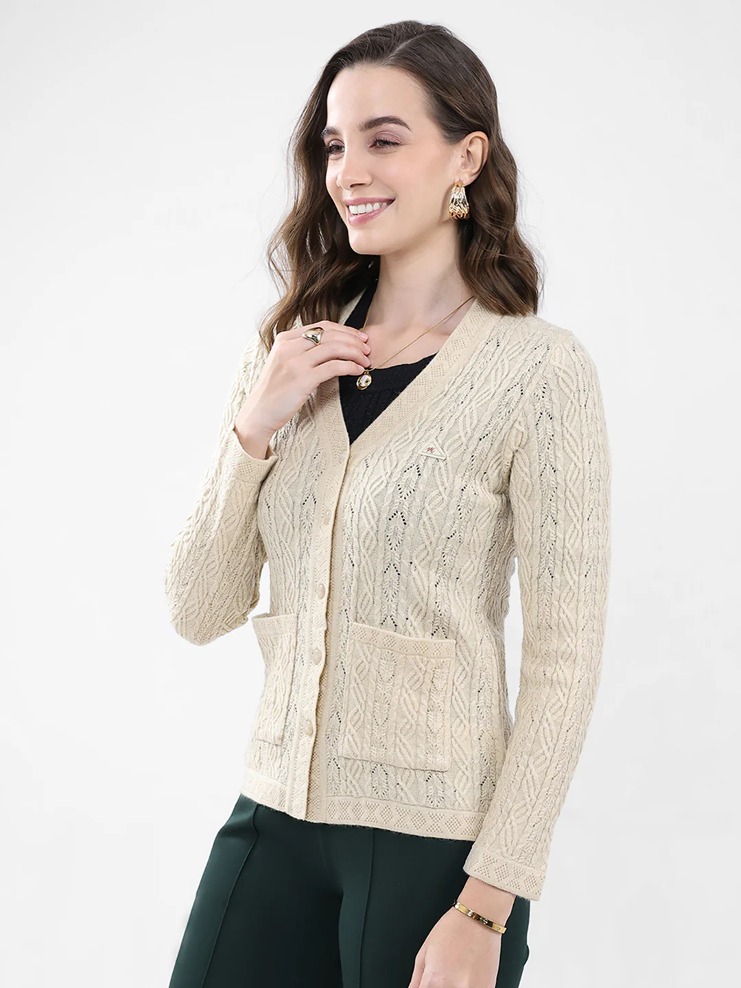 Women Cream Self Design V Neck Full Sleeve Cardigan - Image 3