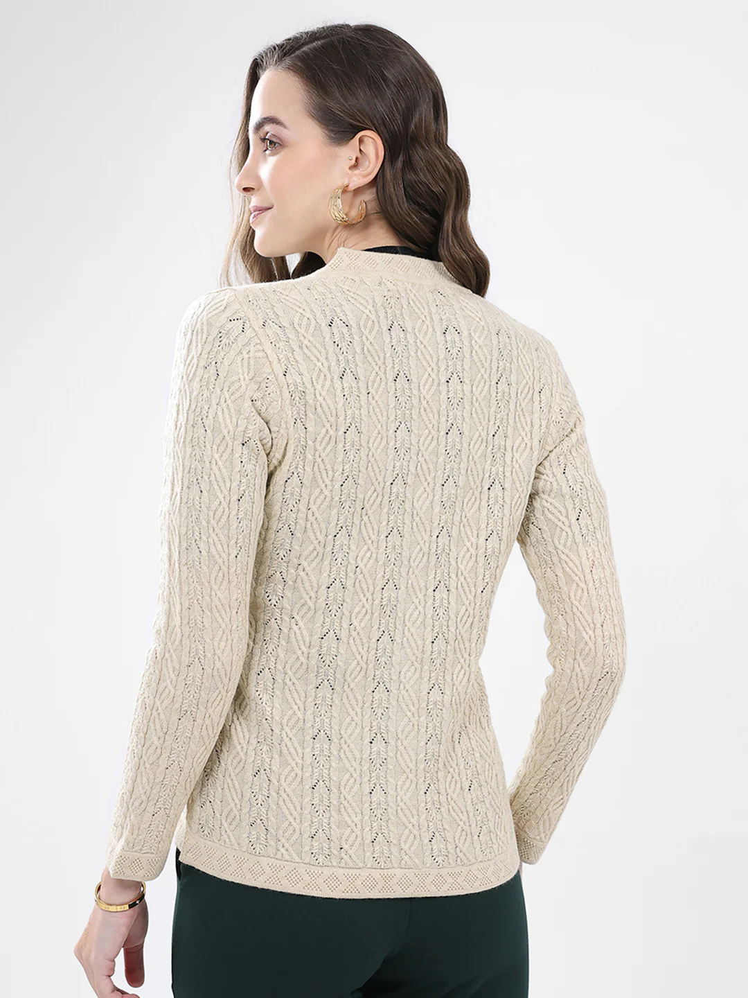 Women Cream Self Design V Neck Full Sleeve Cardigan - Image 5