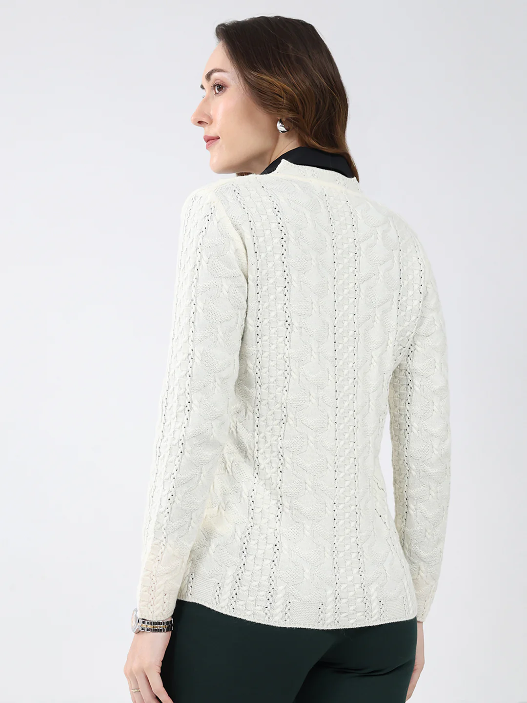 Women Cream Self Design V Neck Full Sleeve Cardigan - Image 5