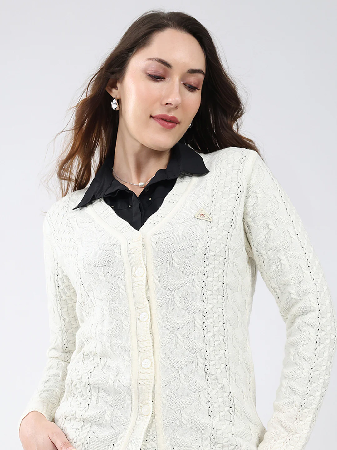 Women Cream Self Design V Neck Full Sleeve Cardigan - Image 6