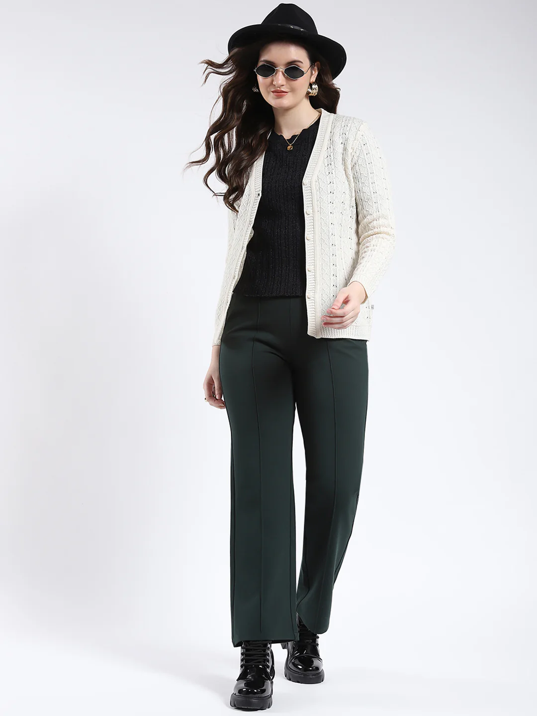 Women Cream Self Design V Neck Full Sleeve Cardigan - Image 2
