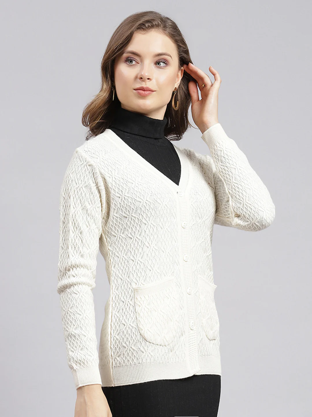 Women Cream Self Design Wool blend Cardigan - Image 2