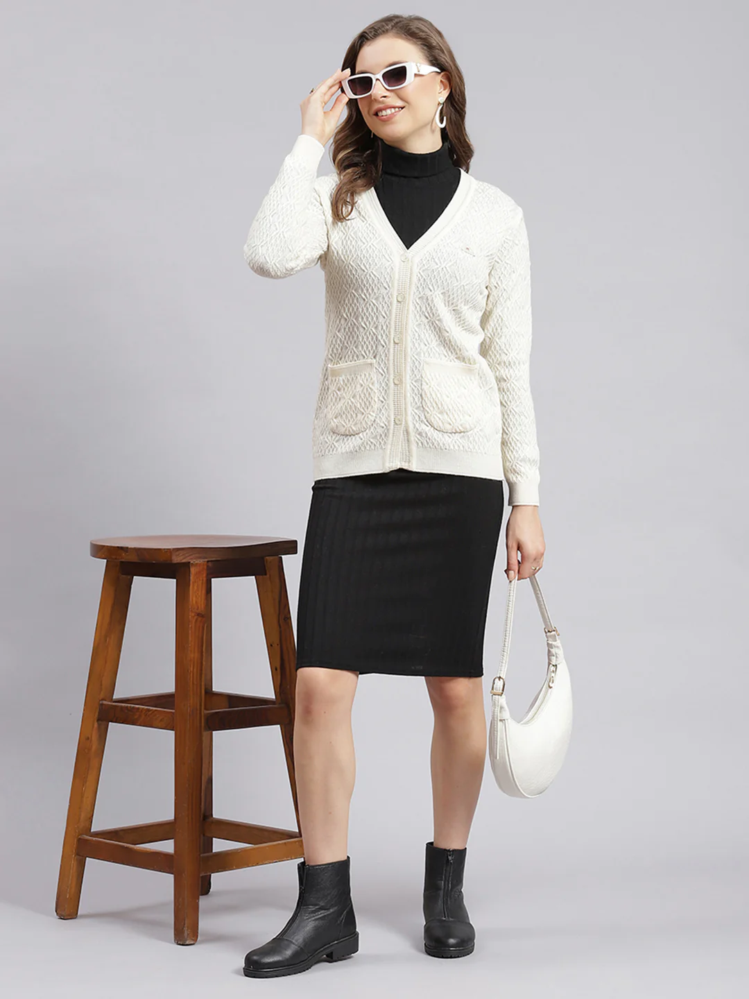 Women Cream Self Design Wool blend Cardigan - Image 5