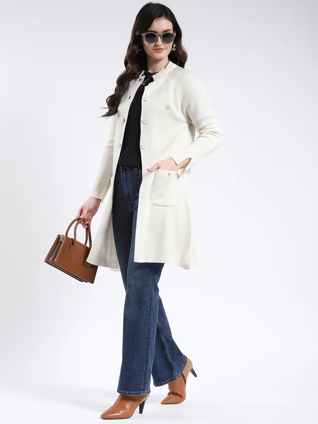 Women Cream Solid Band Neck Full Sleeve Cardigan - Image 2