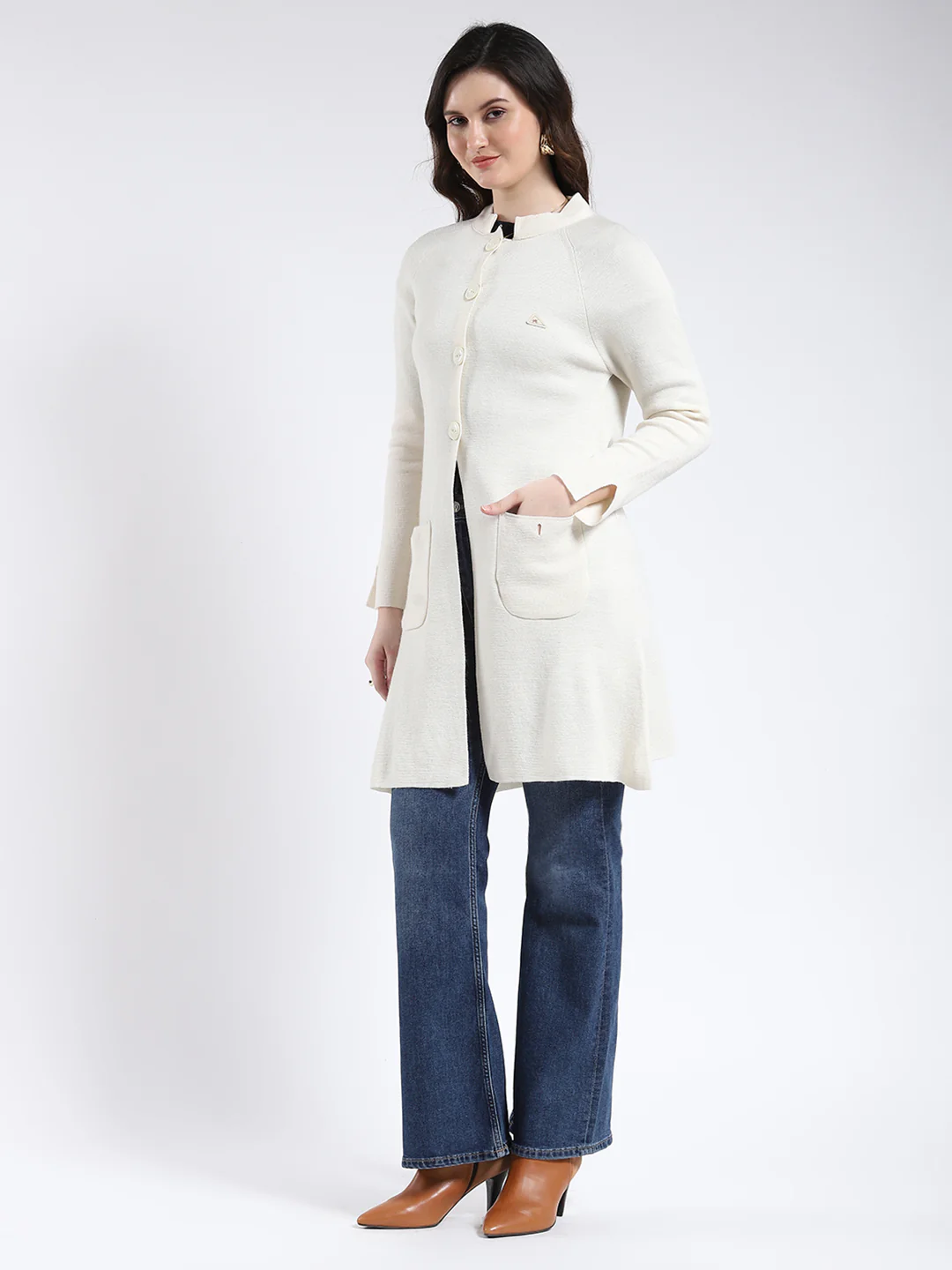 Women Cream Solid Band Neck Full Sleeve Cardigan - Image 3