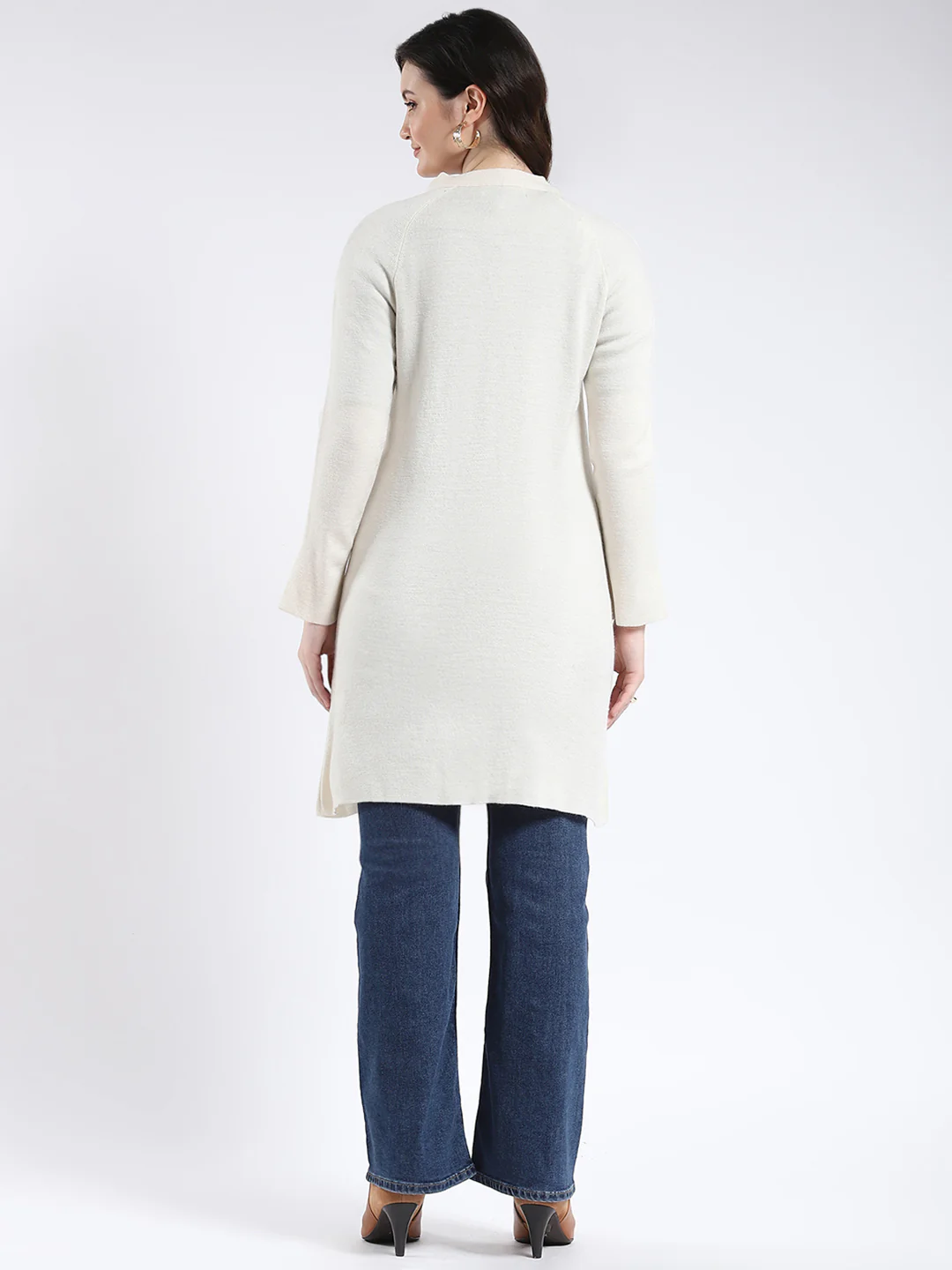 Women Cream Solid Band Neck Full Sleeve Cardigan - Image 5