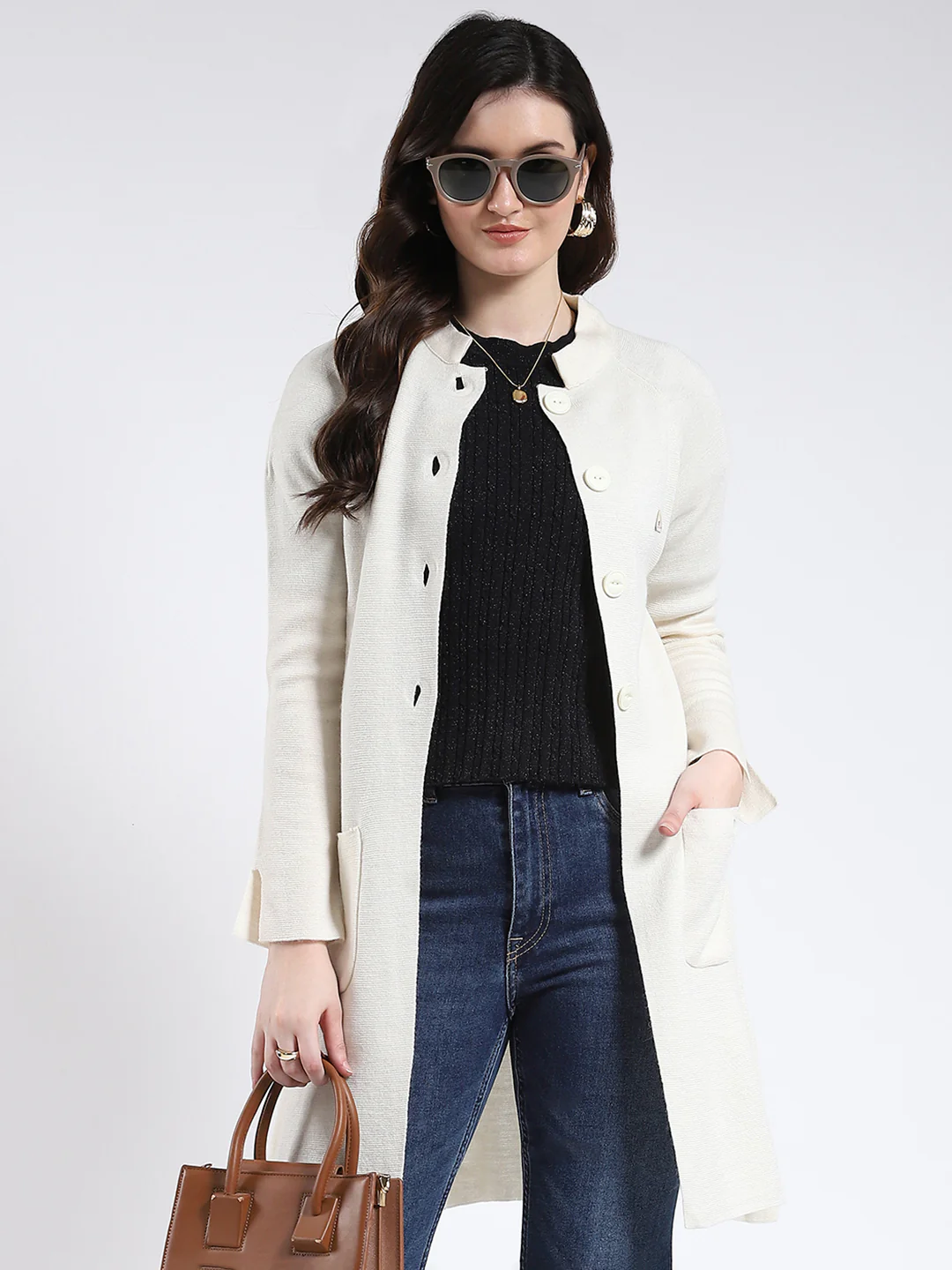 Women Cream Solid Band Neck Full Sleeve Cardigan - Image 6
