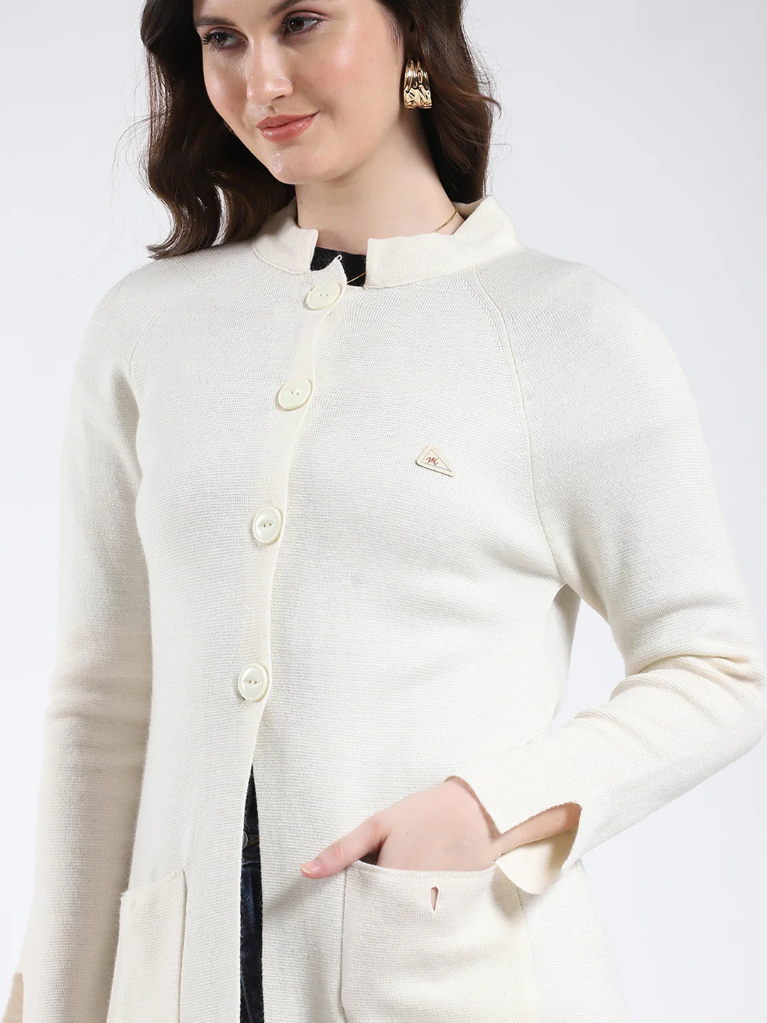 Women Cream Solid Band Neck Full Sleeve Cardigan - Image 7