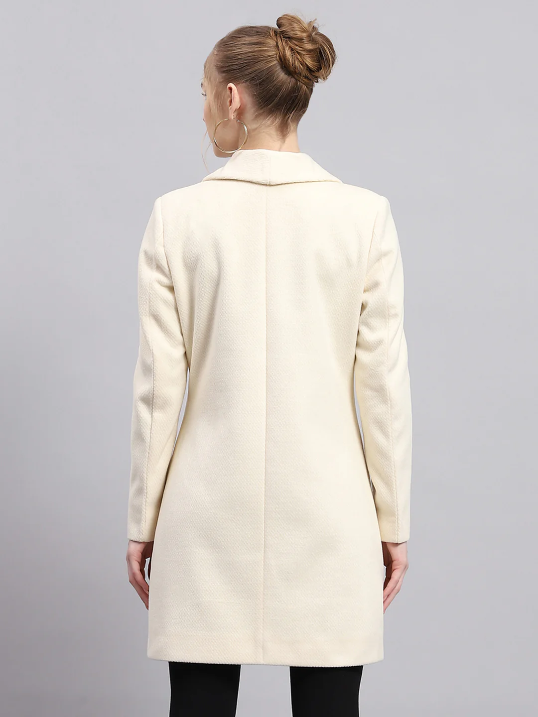 Women Cream Solid Collar Full Sleeve Coat - Image 5