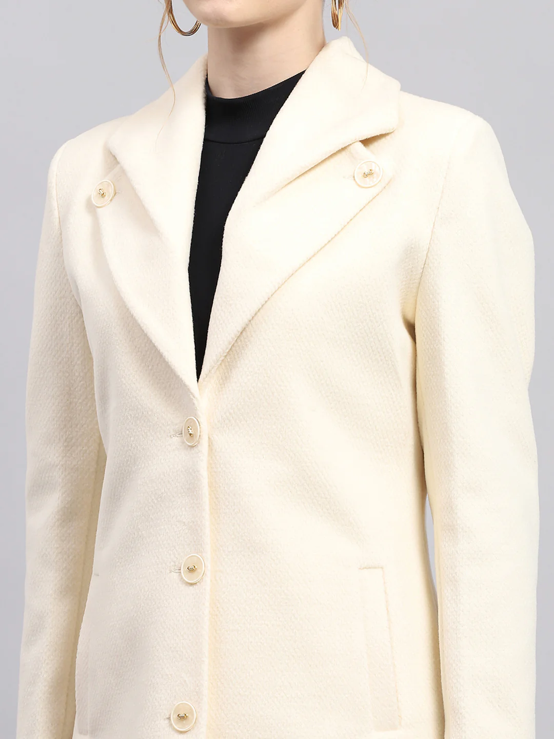 Women Cream Solid Collar Full Sleeve Coat - Image 6