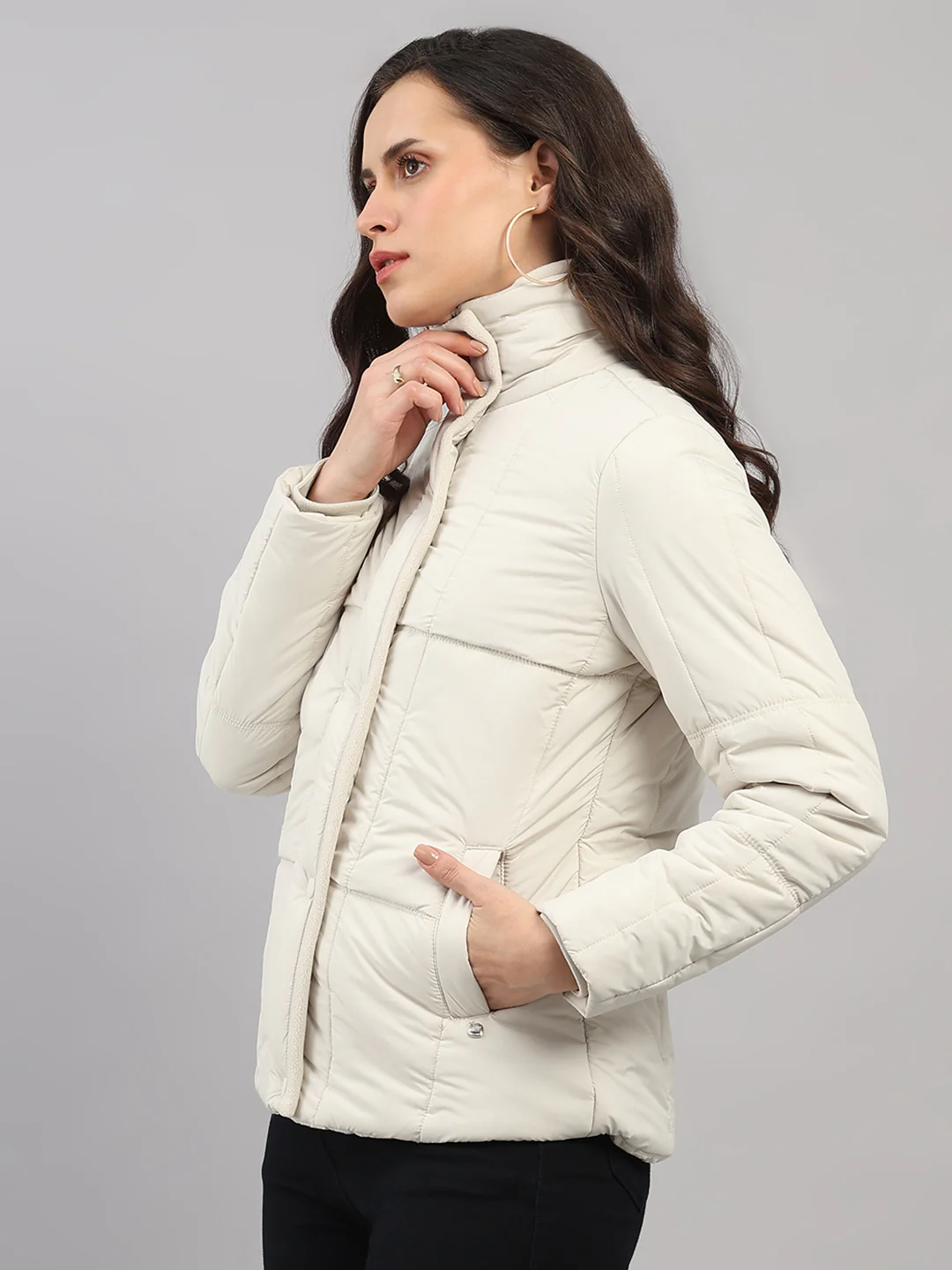 Women Cream Solid High Neck Full Sleeve Jacket - Image 3