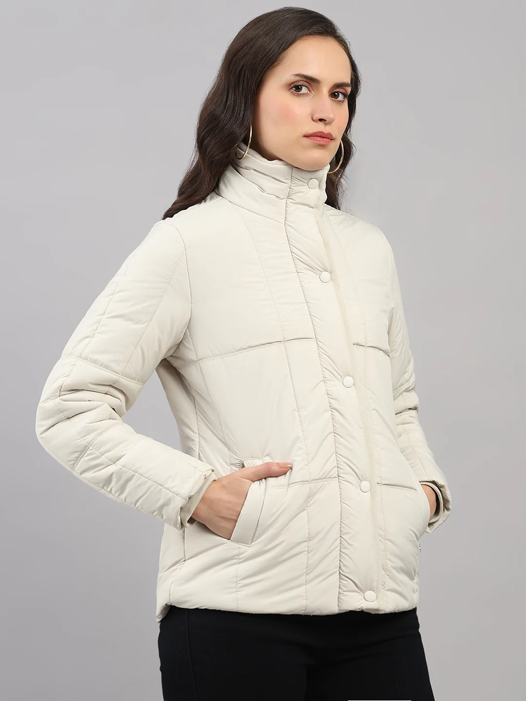 Women Cream Solid High Neck Full Sleeve Jacket - Image 4