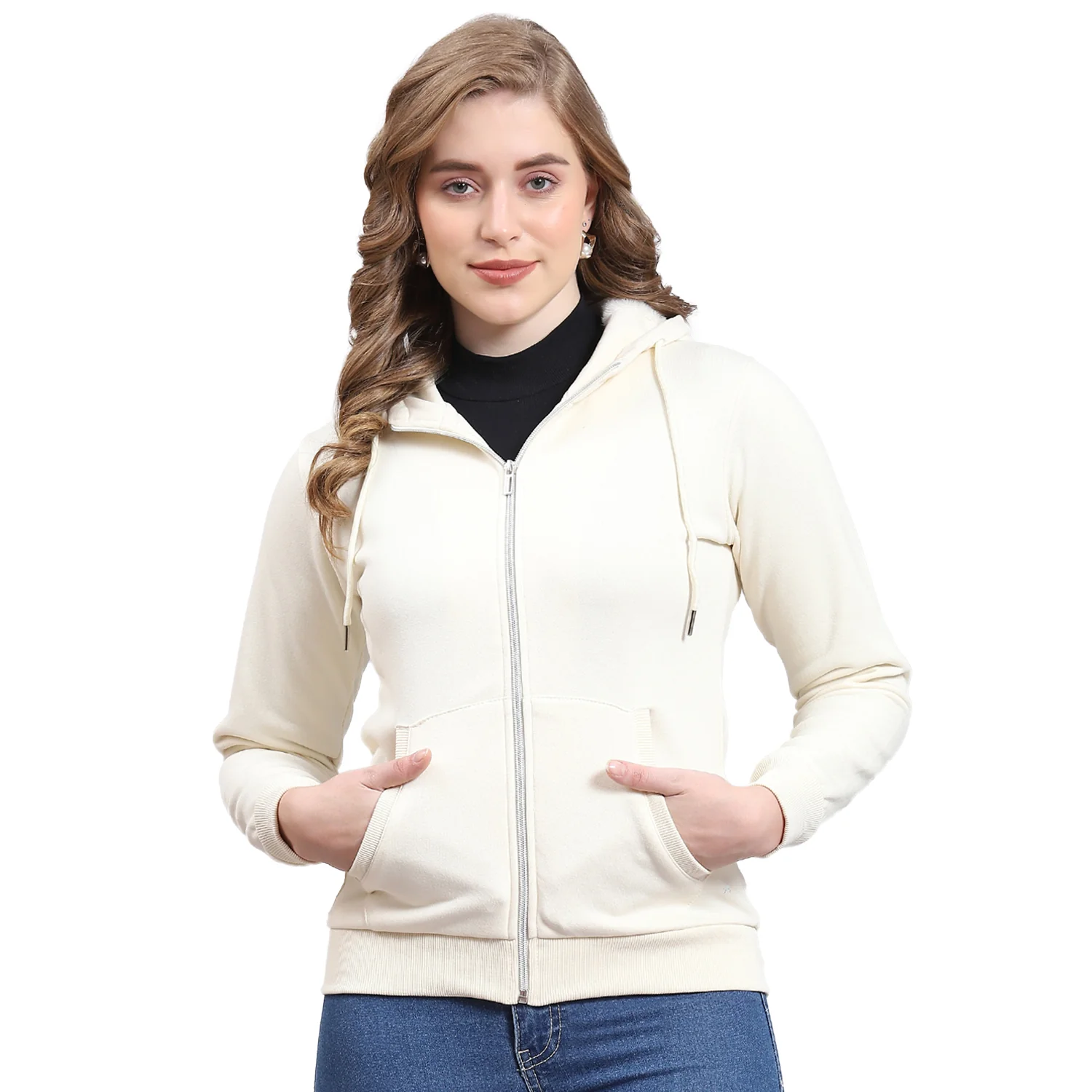Women Cream Solid Hooded Full Sleeve Sweatshirt - Image 5