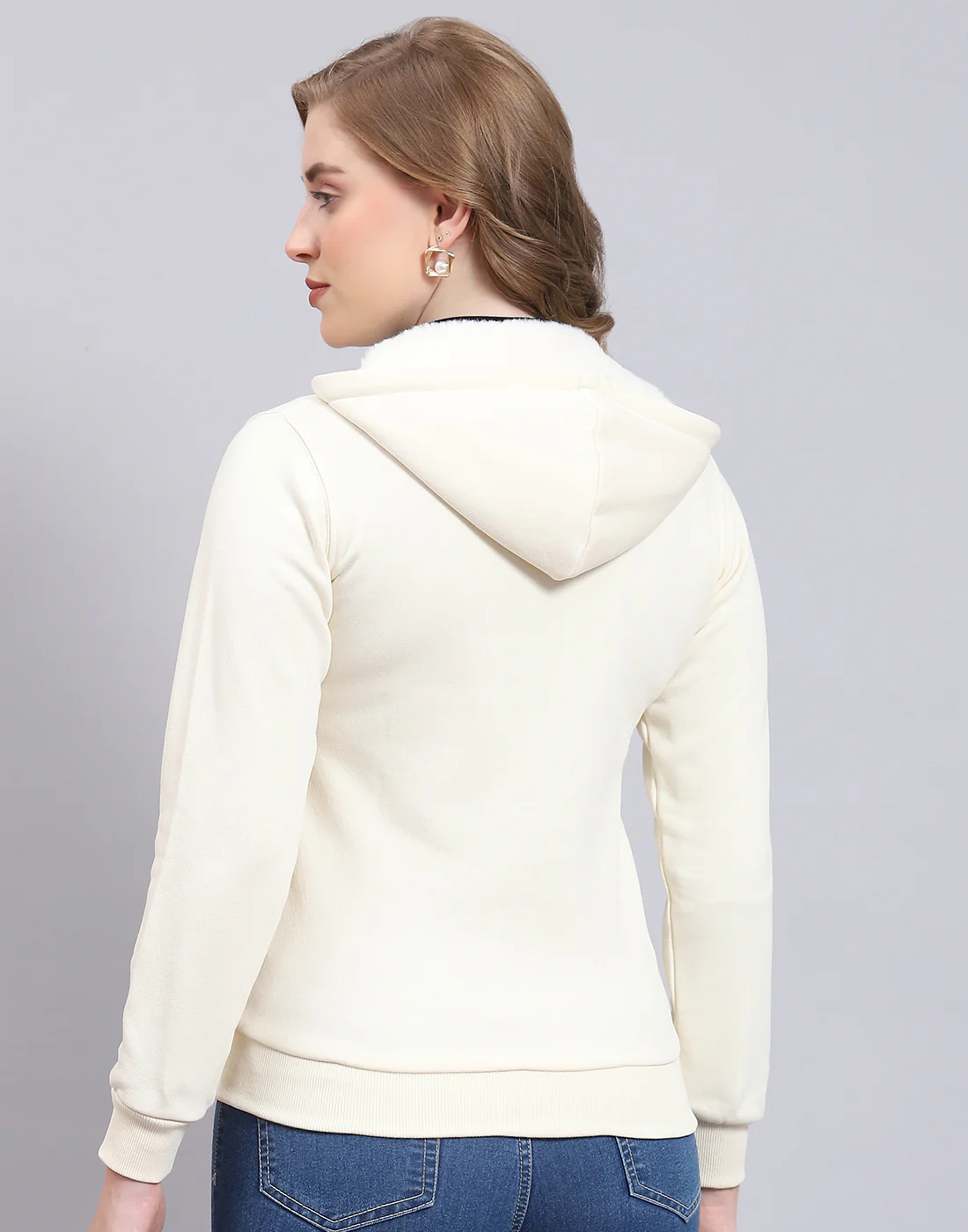 Women Cream Solid Hooded Full Sleeve Sweatshirt - Image 6