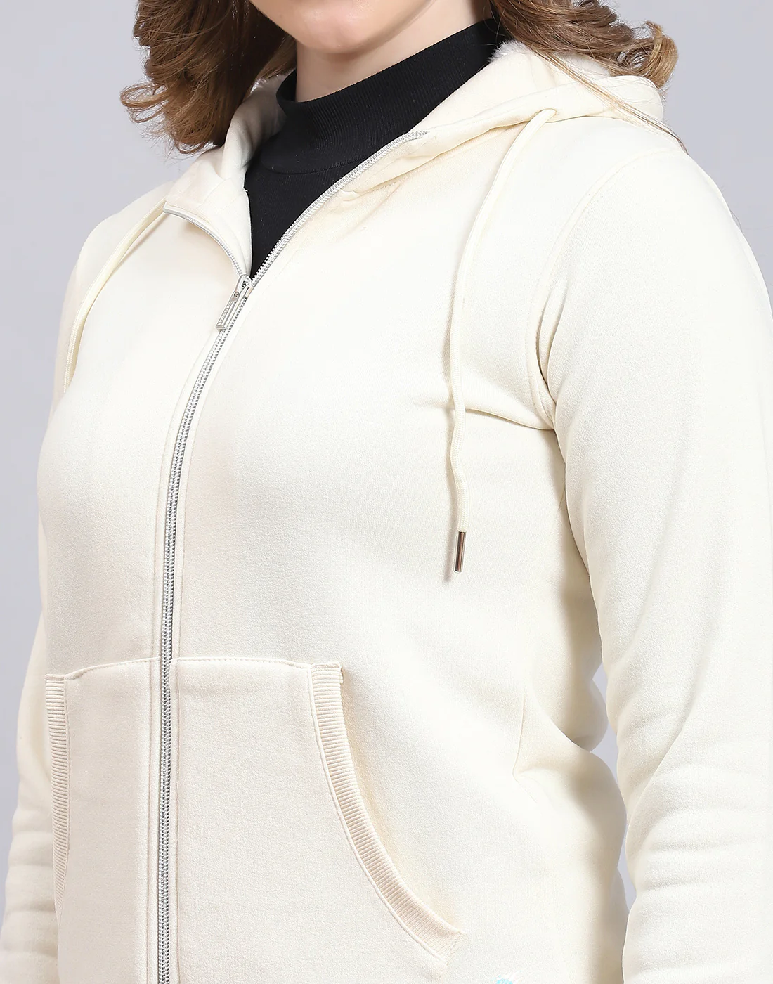 Women Cream Solid Hooded Full Sleeve Sweatshirt - Image 7