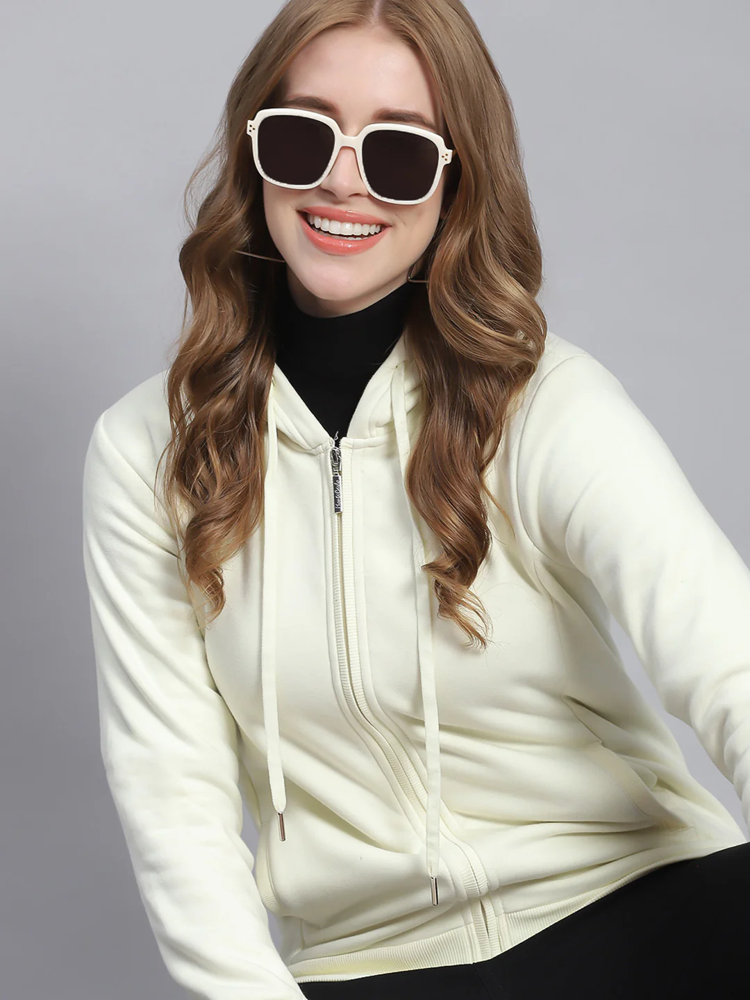 Women Cream Solid Hooded Full Sleeve Sweatshirts - Image 2