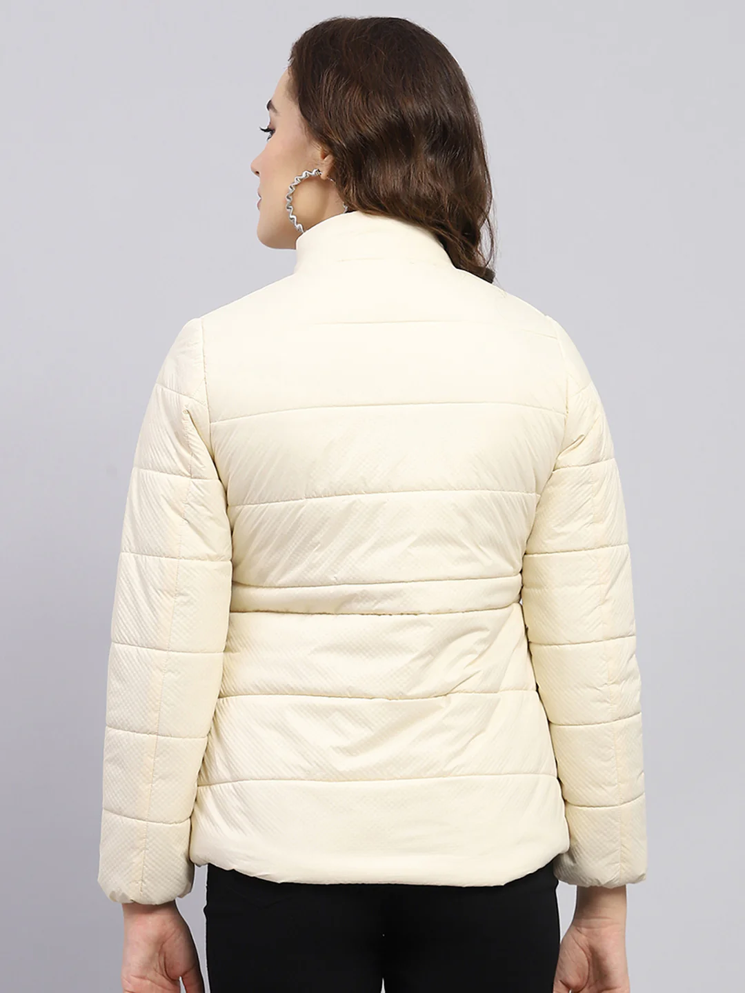 Women Cream Solid Mock Neck Full Sleeve Jacket - Image 5