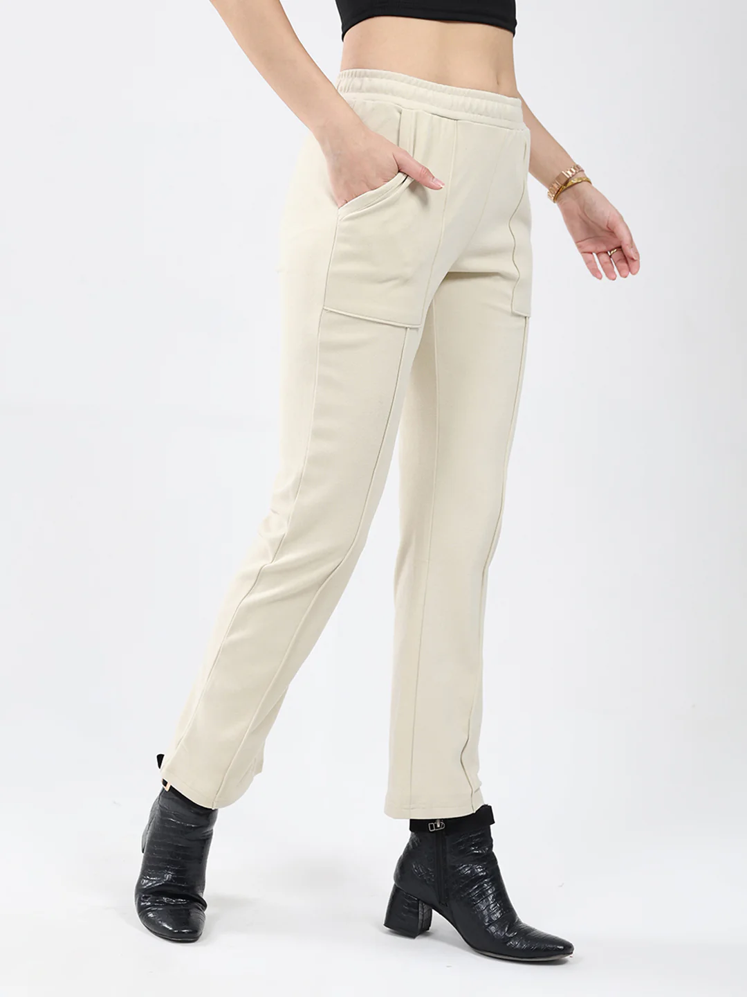 Women Cream Solid Regular Fit Winter Lower - Image 4